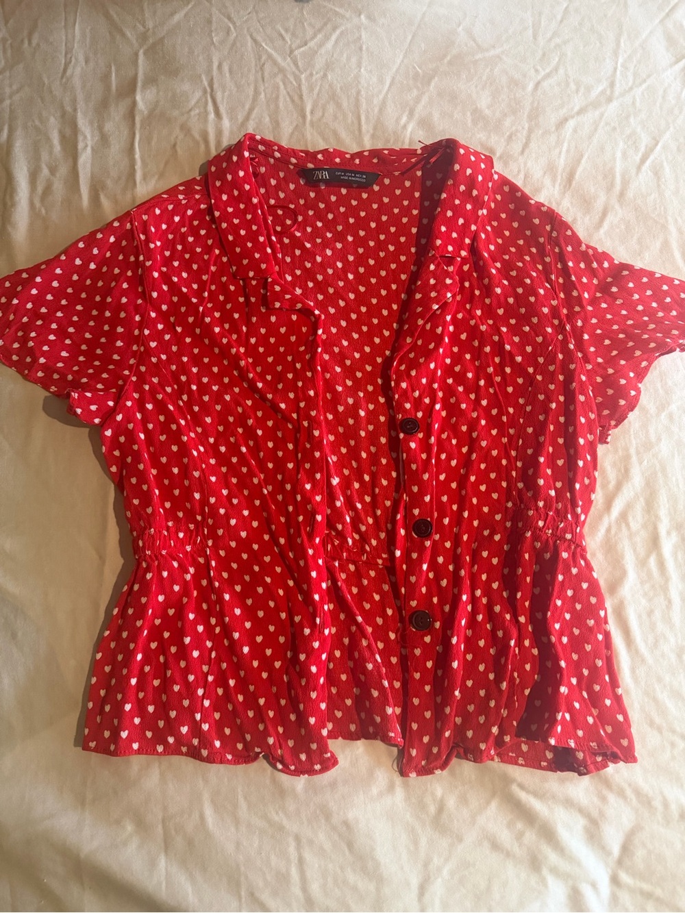Zara Red Short-Sleeve Heart-Print Buttoned Top